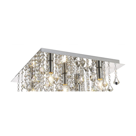 Acton 5 Light E14 Flush Ceiling Light in polished chrome, square plate with rows of facet-cut crystal strands and visible candle bulbs, shown against a plain white background.