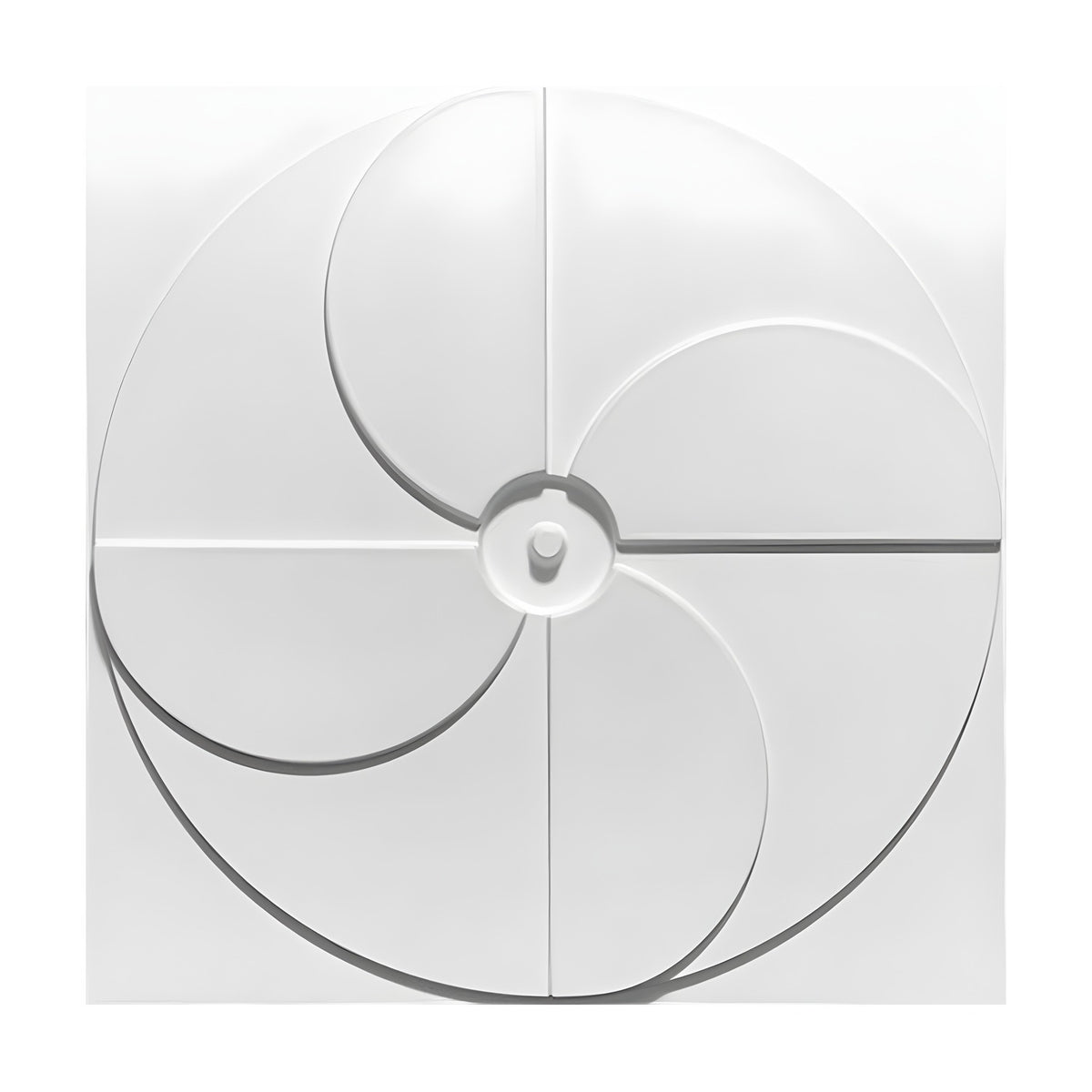 White 3D PVC wall panel, 50 x 50cm, featuring a raised pinwheel circle motif with four curved blades around a central hub, square panel, plain background.
