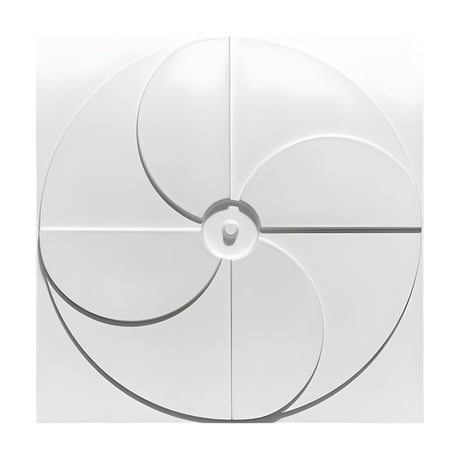 White 3D PVC wall panel, 50 x 50cm, featuring a raised pinwheel circle motif with four curved blades around a central hub, square panel, plain background.