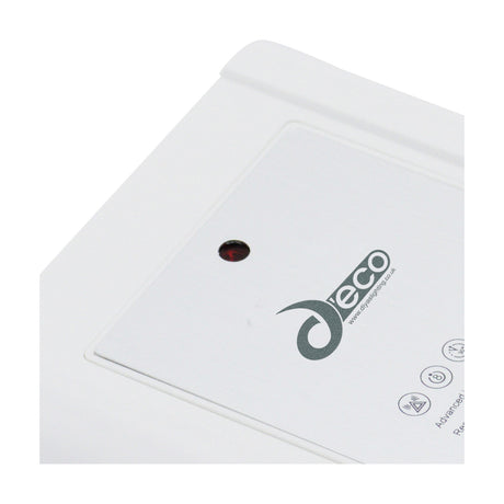 Close-up of the Espial square infrared receiver in white, showing the recessed panel with red sensor eye and grey logo detail on a flush ceiling mount.