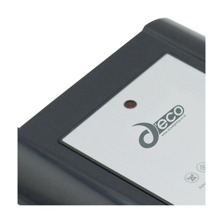 Close-up of the Espial Square Infrared Receiver in black plastic, showing the recessed control plate with red indicator light and icon markings on a white background.