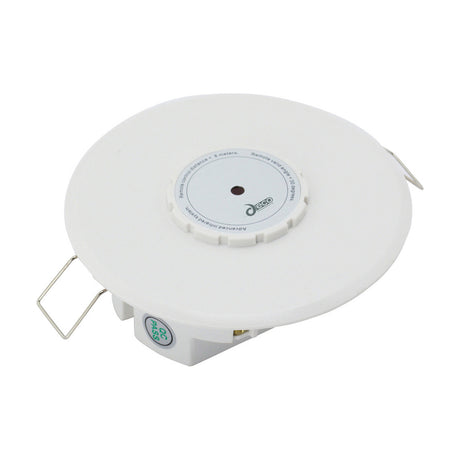 Espial Round Infrared Receiver, a white plastic disc-shaped downlight accessory with central receiver lens, spring clips, and OC PASS indicator, shown on a plain white background.