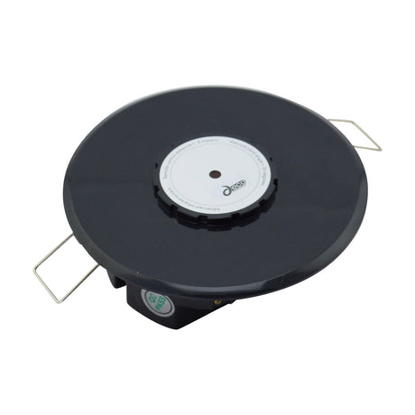 Espial Round Infrared Receiver in black plastic with 83mm cut-out, showing round bezel, central receiver window, spring mounting clips and IP20 label, on a white background.
