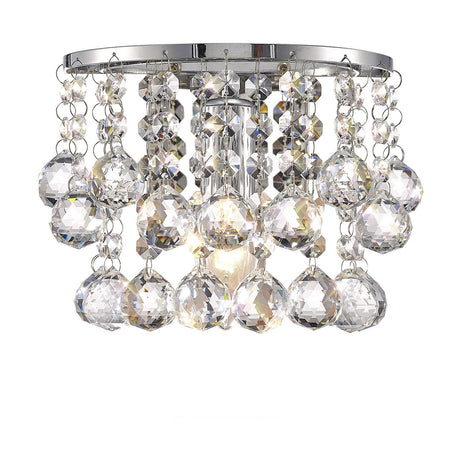 Acton E14 Sphere Crystal Wall Light, 23cm, a single-light fixture with tiered crystal balls and drops on a polished chrome frame, shown on a plain white background.