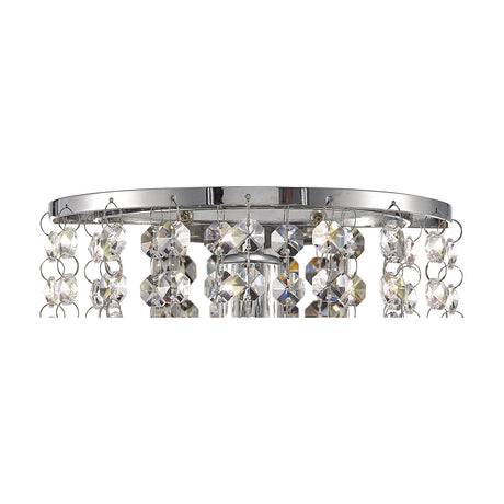 Close-up of the Acton E14 Sphere Crystal Wall Light in polished chrome, showing a circular frame hung with faceted crystal beads and a central chrome fitting on a white background.