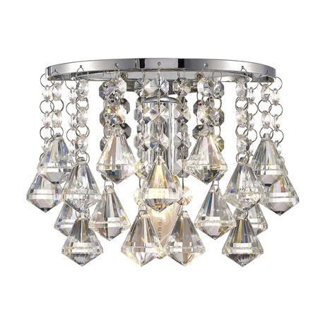 Acton Crystal Prism Switched Wall Light in polished chrome, 23cm semicircular frame with faceted crystal drops and diamond-cut pendants, shown on a plain white background.