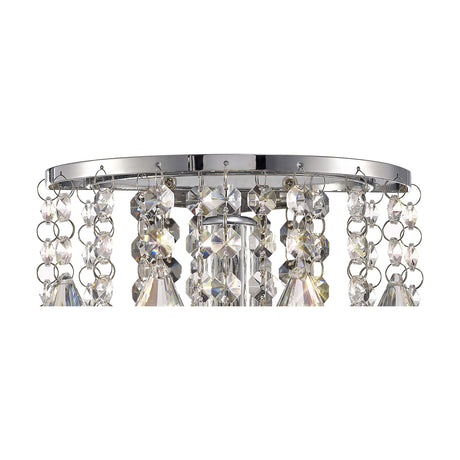 Close-up of the Acton Crystal Prism Wall Light's polished chrome ring with hanging faceted crystal strands, shown against a plain white background.