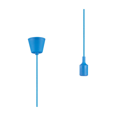 Dreifa single E27 lampholder in blue plastic with 90mm ceiling cup and silicone lampholder cover, shown with 1.5m fabric flex on a white background.