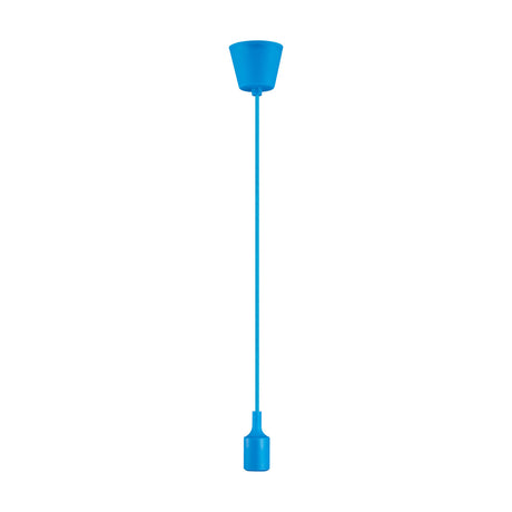 Dreifa single E27 lampholder pendant in blue plastic, showing the 90mm ceiling cup, cable drop and silicone lampholder cover on a plain white background.