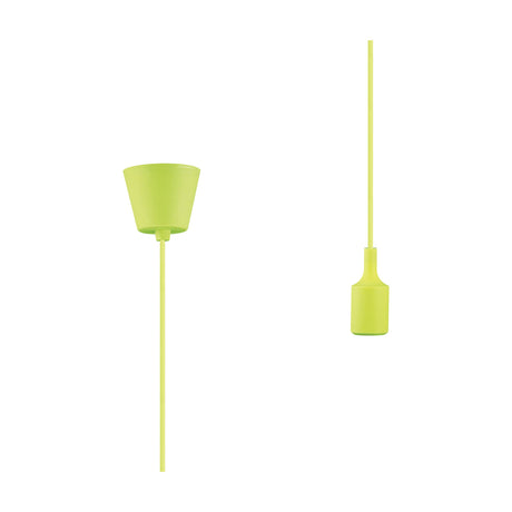 Dreifa single E27 lampholder in green plastic with silicone cover and 1.5m fabric flex, shown with round ceiling base on a white background.