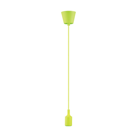 Dreifa single E27 pendant lampholder in green plastic, round ceiling base, 1.5m flex, and silicone lampholder cover, shown on a plain white background.