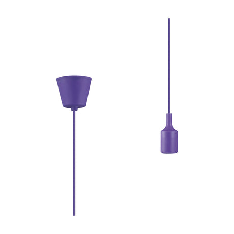Dreifa single E27 lampholder in muted purple plastic with silicone sleeve, shown both with ceiling rose and cord on a 1.5m flex, plain white background.
