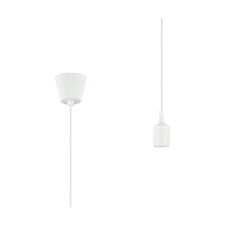 Dreifa single E27 pendant lampholder in matt white plastic, shown with ceiling base and silicone lampholder cover on a white flex, 90mm dia, 1.5m drop, on a plain white background.