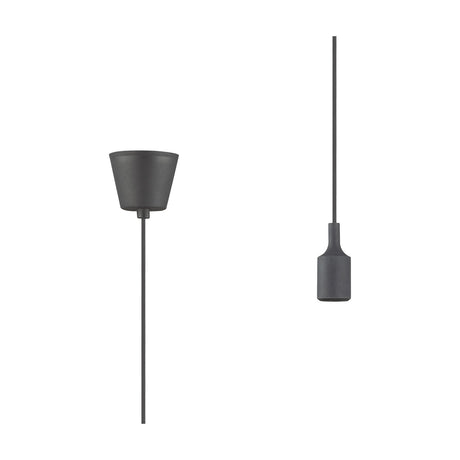 Dreifa Single E27 lampholder in matt black with tapered shade and plastic base on left, and matching pendant with silicone collar and 1.5m black flex on right, shown on a plain white background.