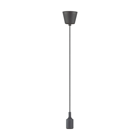 Dreifa single E27 lampholder in matt black, showing the 90mm ceiling base, 1.5m black flex, and slim holder with silicone collar on a plain background.