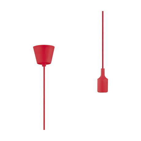 Dreifa Single E27 Lampholder in red, showing a 90mm plastic ceiling base and silicone lampholder cover on flex, styled at two drop lengths on a plain white background.