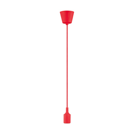 Dreifa single E27 pendant lampholder in bold red, 90mm plastic ceiling base with silicone-covered holder and 1.5m flex, no shade, shown on a plain white background.