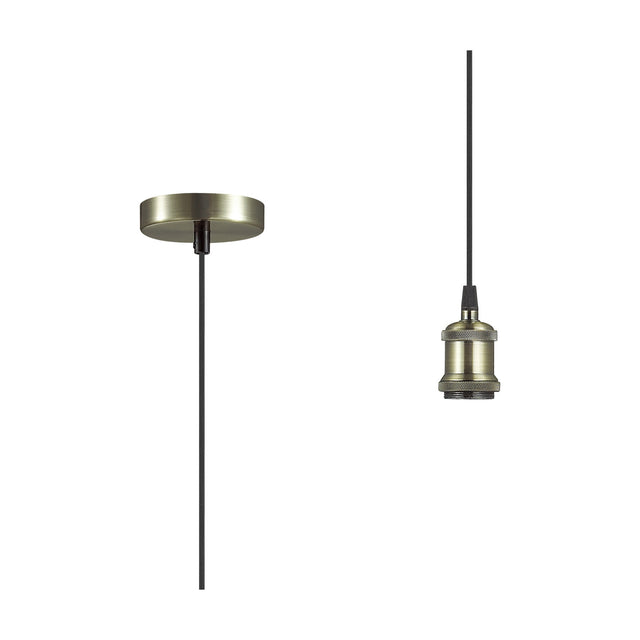 Dreifa single pendant light with round antique brass ceiling cup, black flex cable, and matching antique brass E27 lampholder, shown on a plain white background.