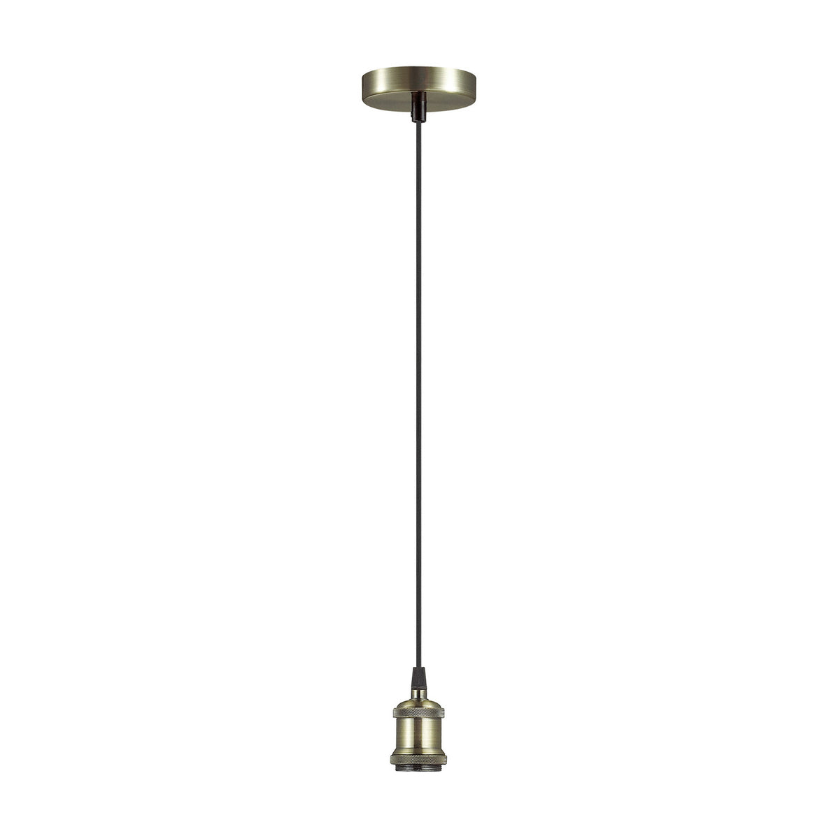 Dreifa single pendant light with round antique brass ceiling cup, black braided flex, and matching E27 lampholder, 10cm drop head, shown on a plain white background.