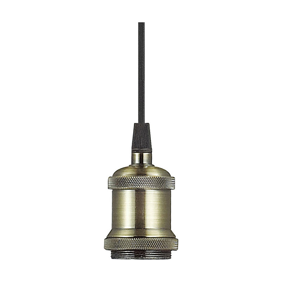 Dreifa single pendant light with black braided flex and antique brass E27 lampholder, 10cm diameter head, shown on a plain white background.