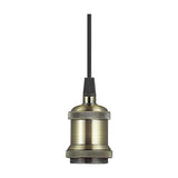 Dreifa single pendant light with black braided flex and antique brass E27 lampholder, 10cm diameter head, shown on a plain white background.
