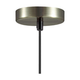 Dreifa single pendant light with a 10cm antique brass ceiling cup and lampholder on black braided flex, shown against a plain white background.