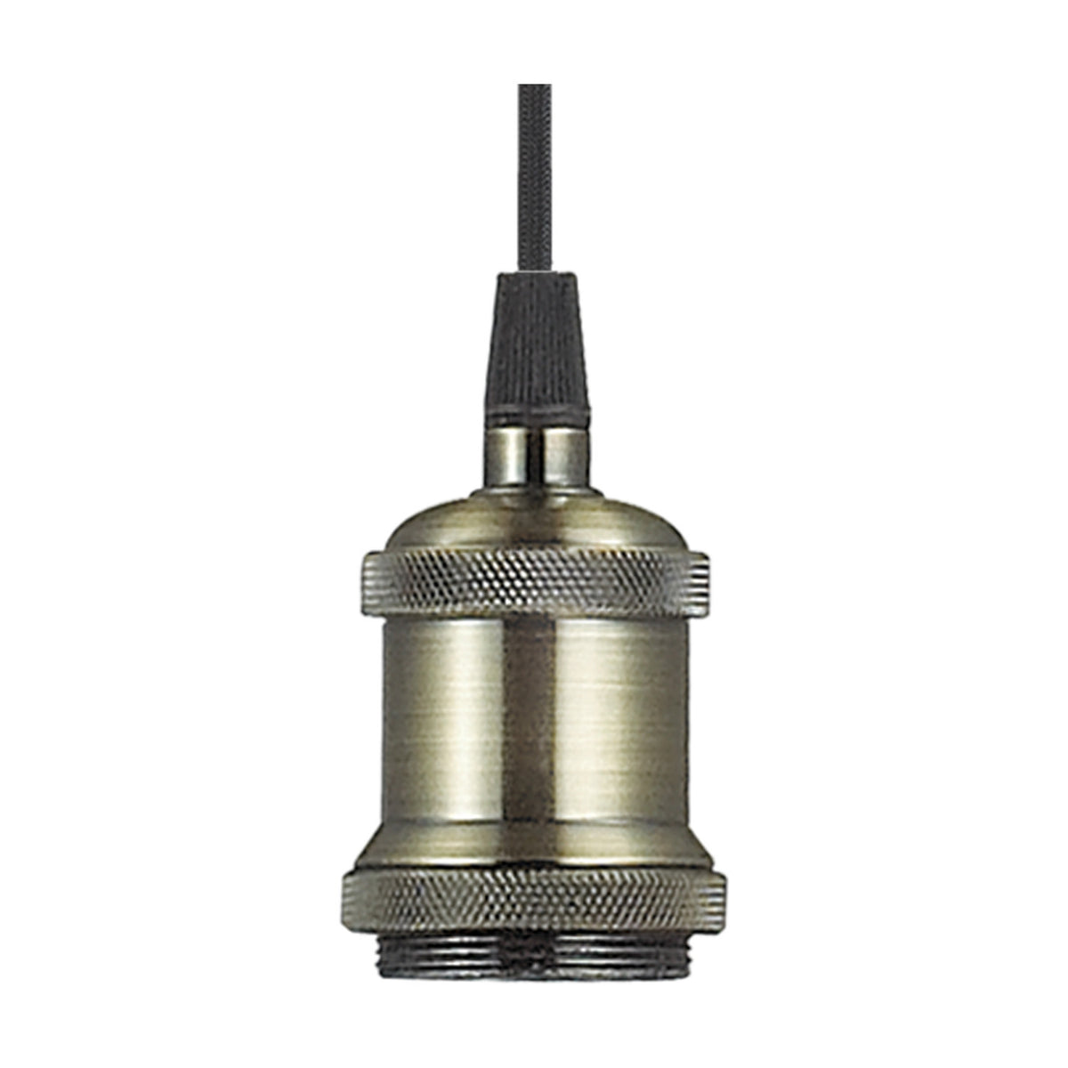 Dreifa single pendant light with antique brass E27 lampholder and ceiling cup, black braided flex cable, 10cm dia head, on a plain white background.