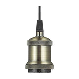 Dreifa single pendant light with antique brass E27 lampholder and ceiling cup, black braided flex cable, 10cm dia head, on a plain white background.