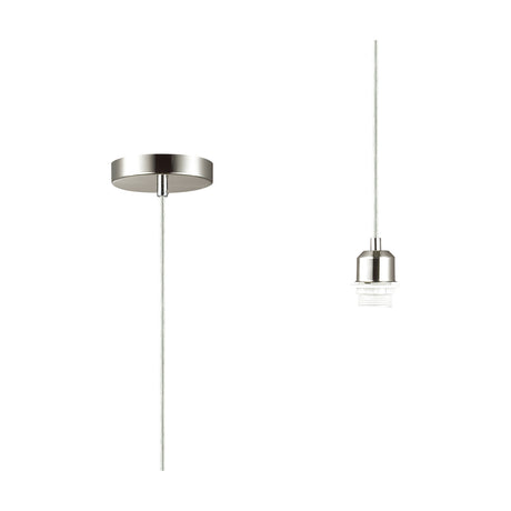 Dreifa single E27 pendant light with satin nickel ceiling cup and lampholder, clear flex cable, shown against a plain white background.
