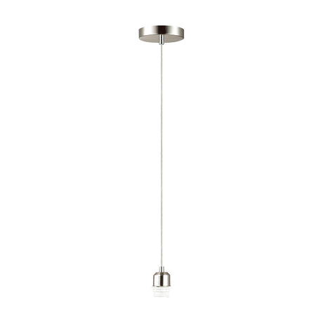 Dreifa single E27 pendant light with satin nickel ceiling cup and lampholder, clear flex cable, and clear glass shade detail, shown on a plain white background.