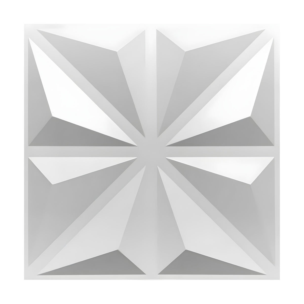 White PVC 3D wall panel, 50 x 50cm, with a faceted eight-point star design of triangular pyramids meeting at the centre, shown on a plain background.