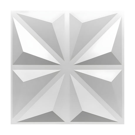 White PVC 3D wall panel, 50 x 50cm, with a faceted eight-point star design of triangular pyramids meeting at the centre, shown on a plain background.
