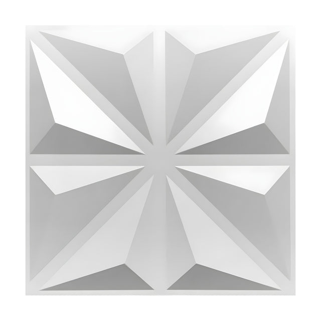 White PVC 3D wall panel, 50 x 50cm, with a faceted eight-point star design of triangular pyramids meeting at the centre, shown on a plain background.