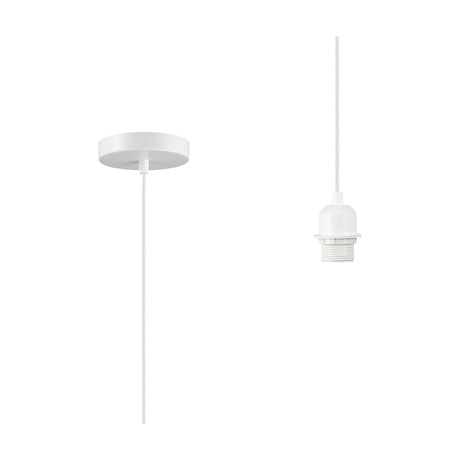 Dreifa single E27 pendant light in matt white, showing the 10cm ceiling cup and lampholder with white cable, 1.5m drop, on a plain background.
