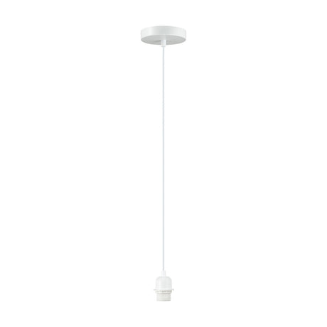 Dreifa single E27 pendant light in matt white, showing the 10cm round ceiling cup, slim cable and open lampholder on a plain white background.