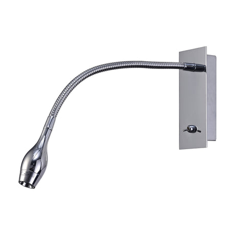 Winslow Oval Wall Light in polished chrome, featuring a flexible gooseneck arm, oval LED head, rectangular base plate with toggle switch, shown on a plain white background.