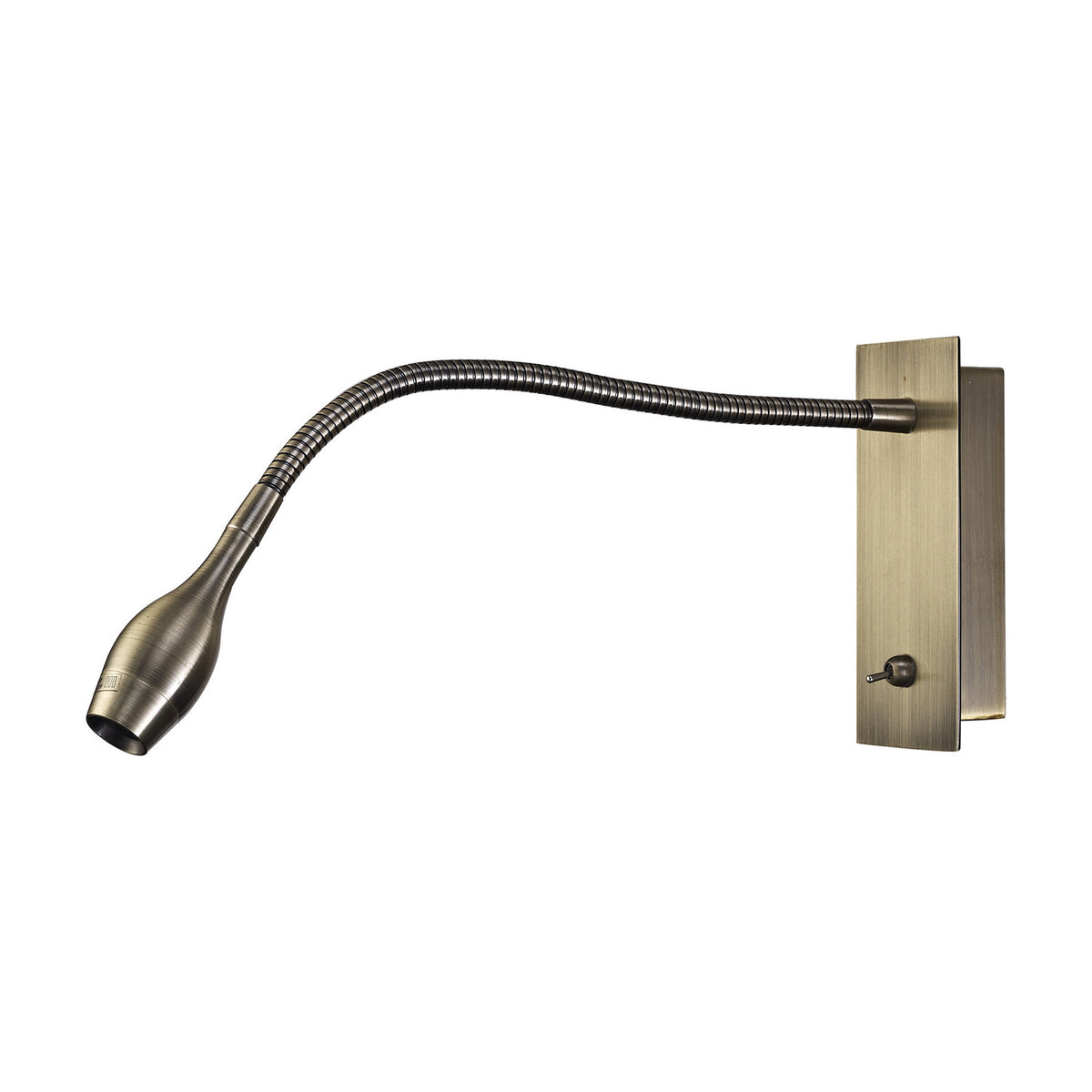 Winslow Oval Wall Light in antique brass, with a flexible gooseneck arm, oval 62mm head, rectangular wall plate and toggle switch, shown on a plain white background.