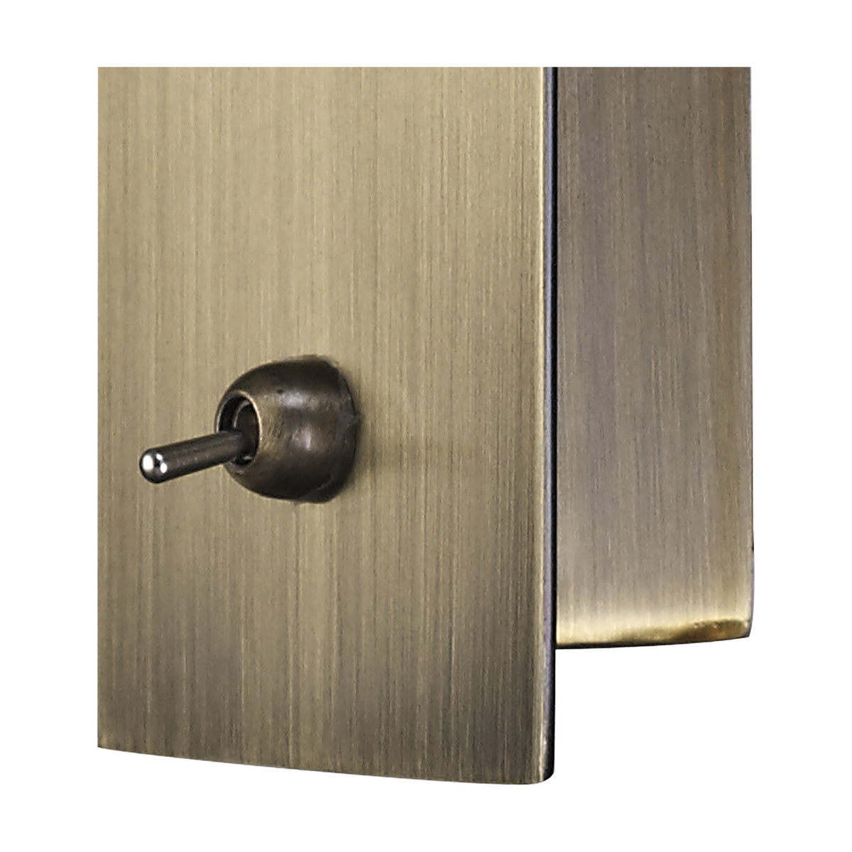 Close-up of the Winslow Oval Wall Light in antique brass, showing the toggle switch and side profile of the rectangular wall plate on a plain background.