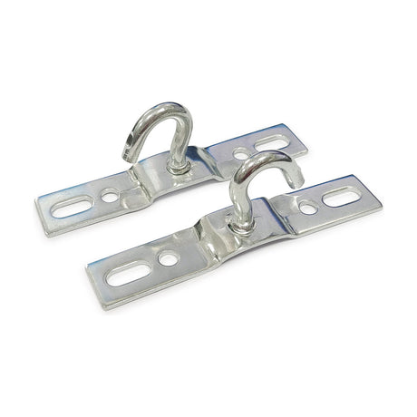 Pair of galvanised steel hook plates, 10cm long, each with a slotted mounting plate and a curved hook for hanging flex or chain, shown on a plain white background.