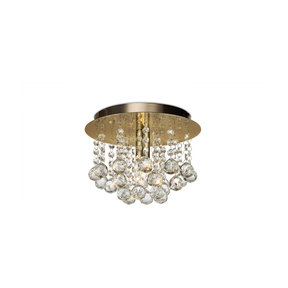 Acton E14 round flush ceiling light, 25cm antique brass backplate with clustered clear crystal spheres, single light fitting on a plain white background.