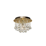 Acton E14 round flush ceiling light, 25cm antique brass backplate with clustered clear crystal spheres, single light fitting on a plain white background.