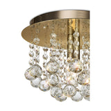 Close-up of the Acton E14 Round Flush Ceiling Light, 25cm, showing an antique brass circular backplate with clustered clear crystal spheres cascading below on a white background.