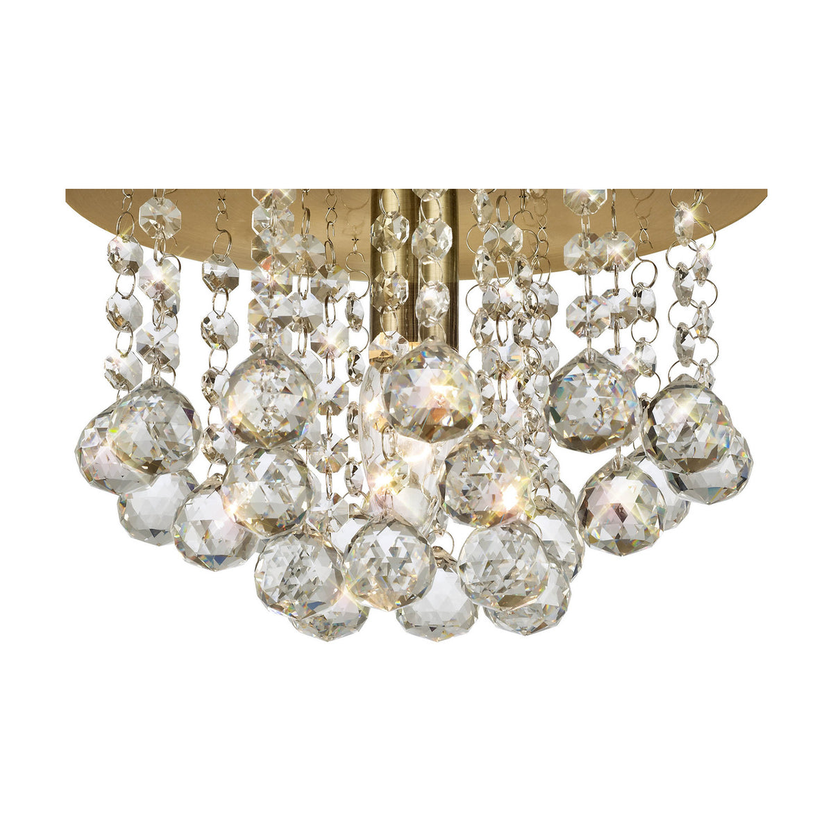 Acton E14 Round Flush Ceiling Light 25cm in antique brass, close-up of clear crystal spheres clustered beneath the round backplate against a white background.