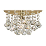 Acton E14 Round Flush Ceiling Light 25cm in antique brass, close-up of clear crystal spheres clustered beneath the round backplate against a white background.