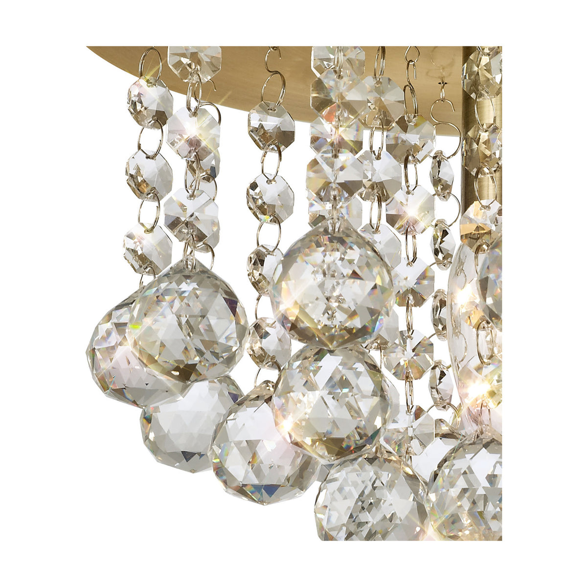 Close-up of the Acton E14 flush ceiling light, 25cm, showing an antique brass backplate hung with faceted clear crystal balls and beaded strands, on a white background.