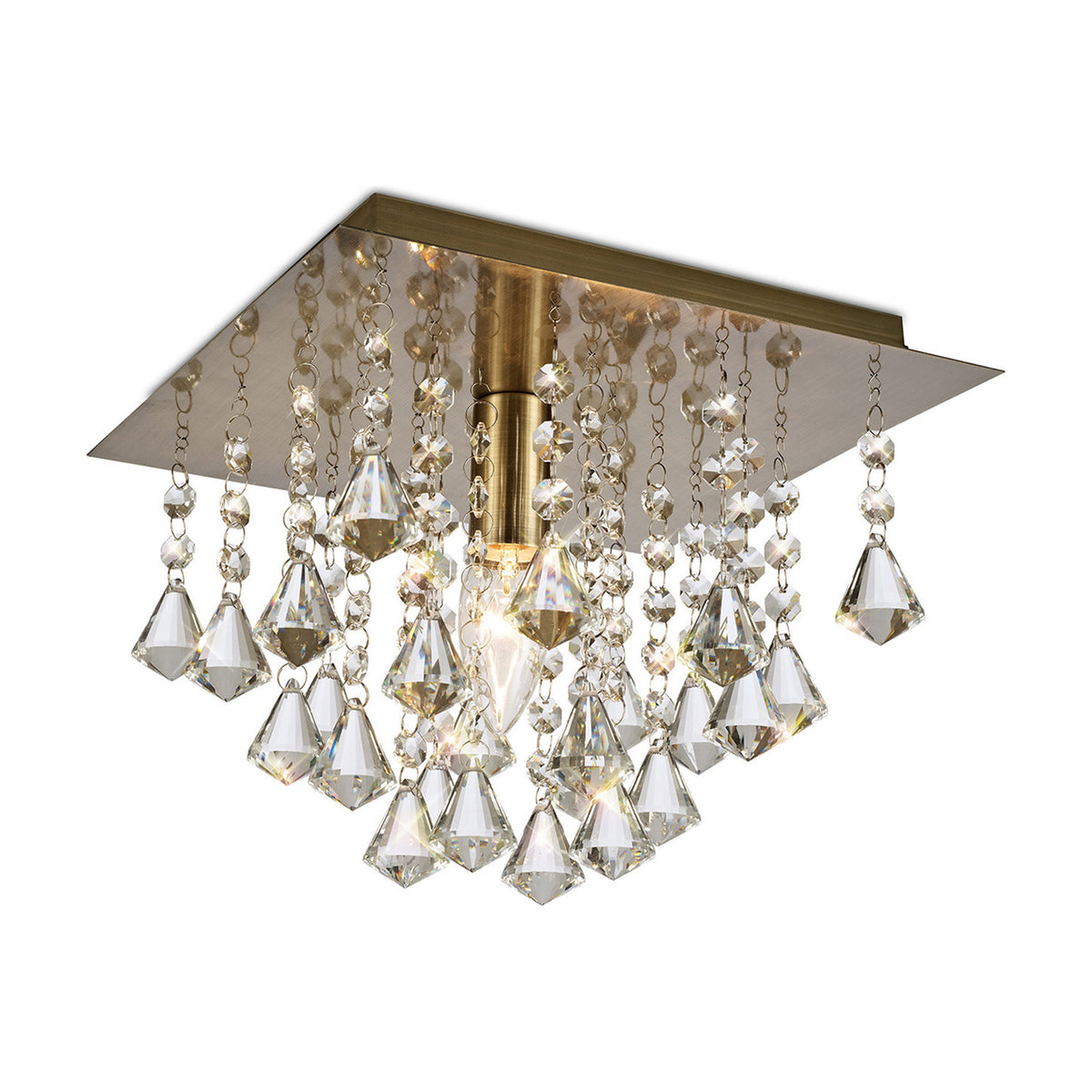 Acton E14 flush ceiling light, 25cm square antique brass frame with tiers of hanging crystal drops, single lit bulb visible, shown on a plain white background.
