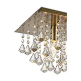 Acton E14 flush ceiling light, 25cm square antique brass frame with cascading crystal drops in diamond and beaded shapes, single bulb visible, on a white background.