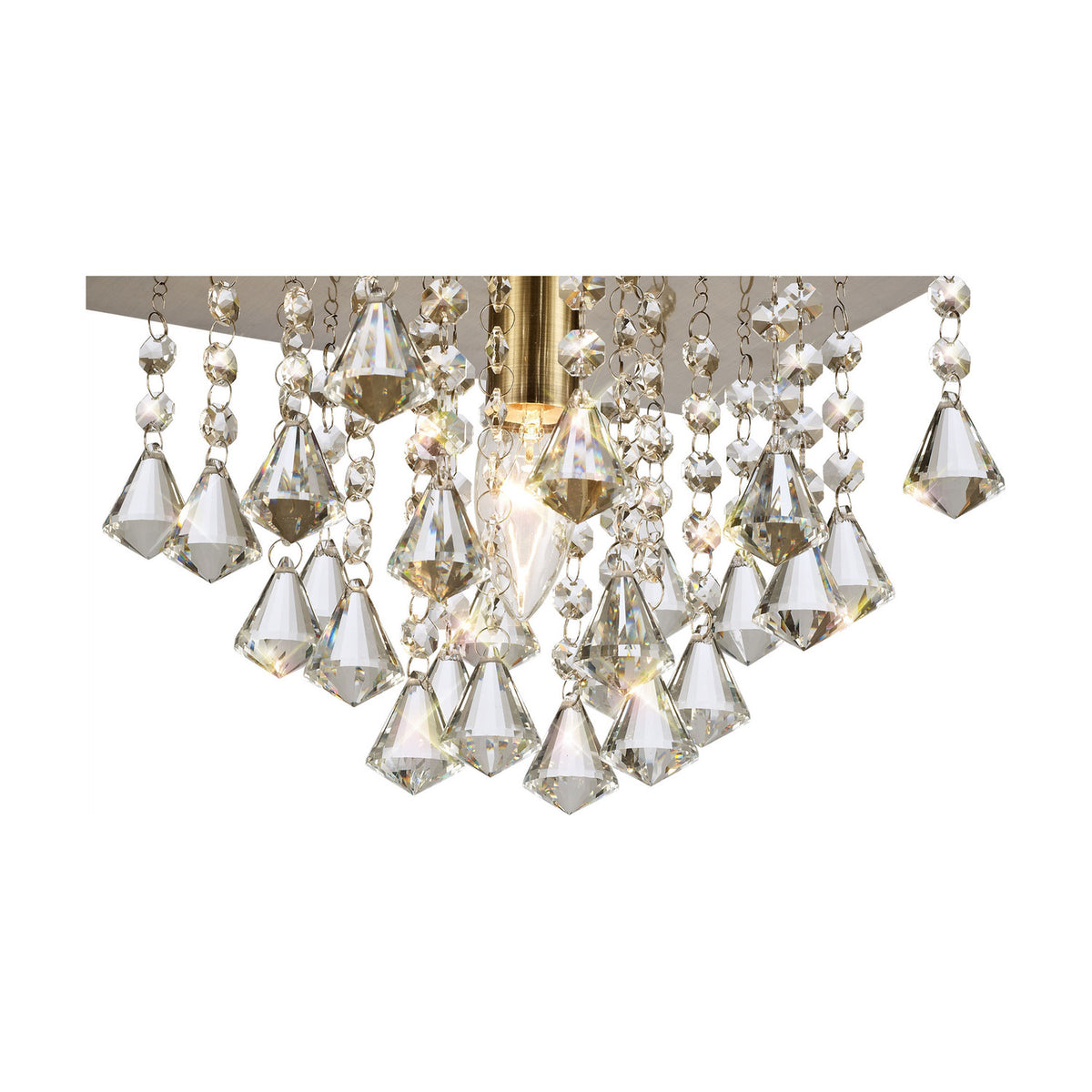 Acton E14 flush ceiling light, 25cm square antique brass frame with cascading crystal drops, close-up view showing a single lit bulb amid faceted crystal detail.