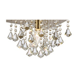 Acton E14 flush ceiling light, 25cm square antique brass frame with cascading crystal drops, close-up view showing a single lit bulb amid faceted crystal detail.