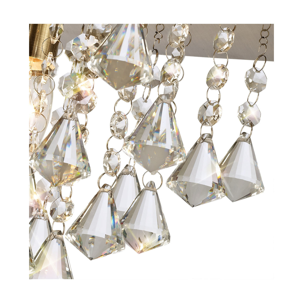 Close-up of the Acton E14 flush ceiling light showing faceted crystal diamond drops and beaded chains hung from an antique brass frame, set against a plain white background.